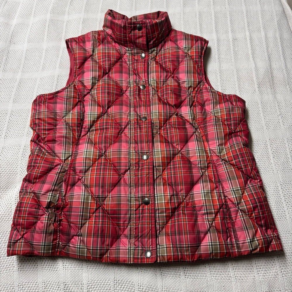 Lands' End Women’s Down Puffer Plaid Vest Snap Closure